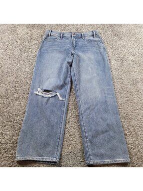 EXPRESS Jeans Womens 10 Blue Straight Ankle High Rise Dark Wash Denim Distressed